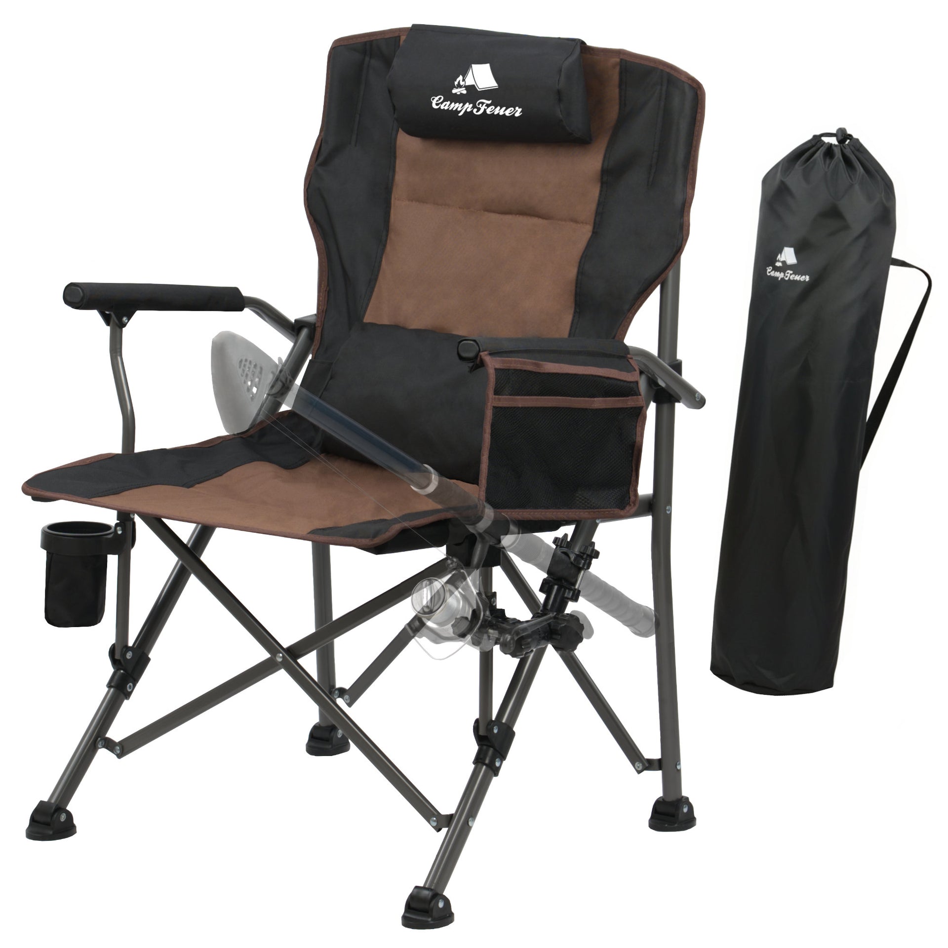 Angelstuhl mit Angelhalterung, faltbar, inkl. Tasche – CampFeuer