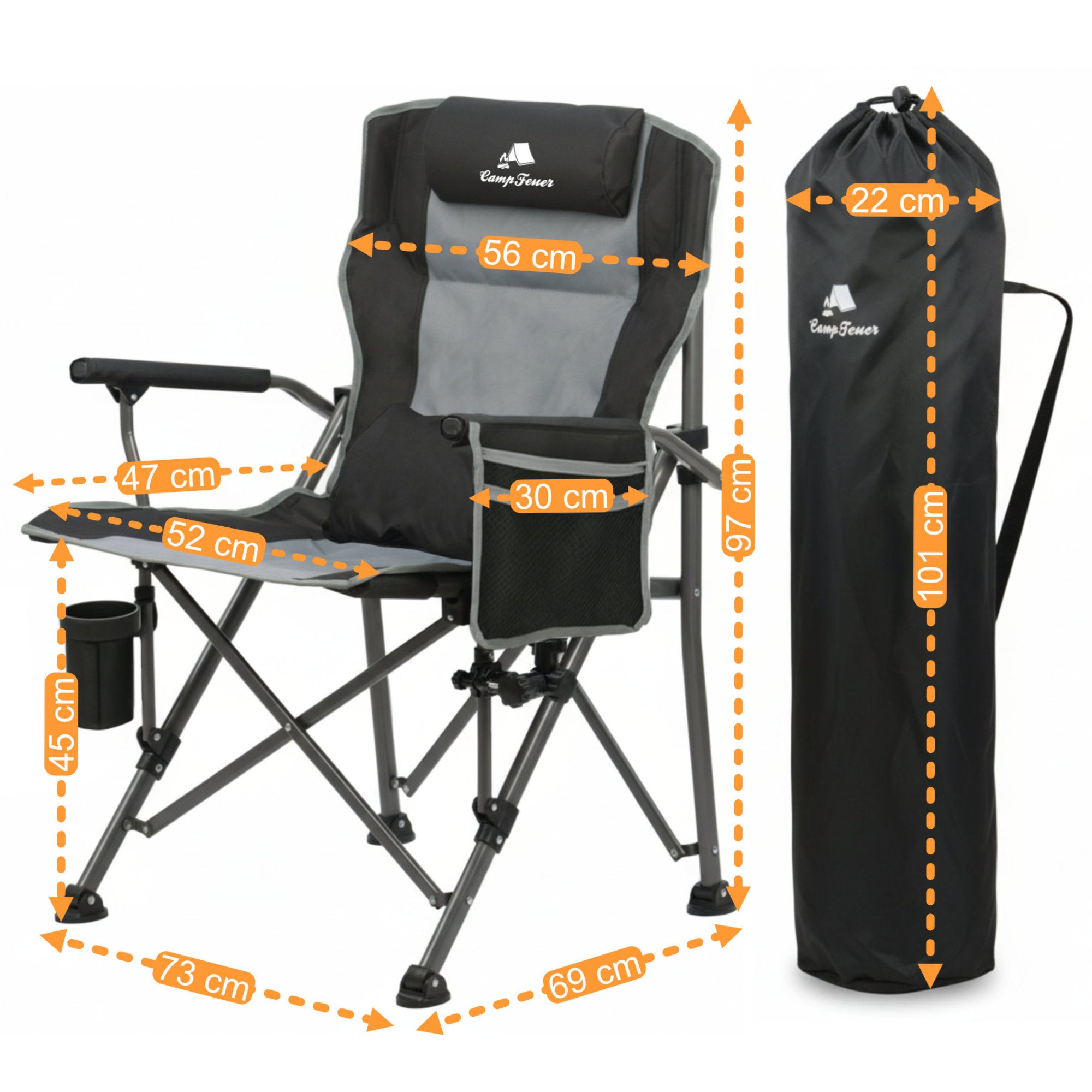 Fishing chair with fishing rod holder, foldable, including bag. – CampFeuer