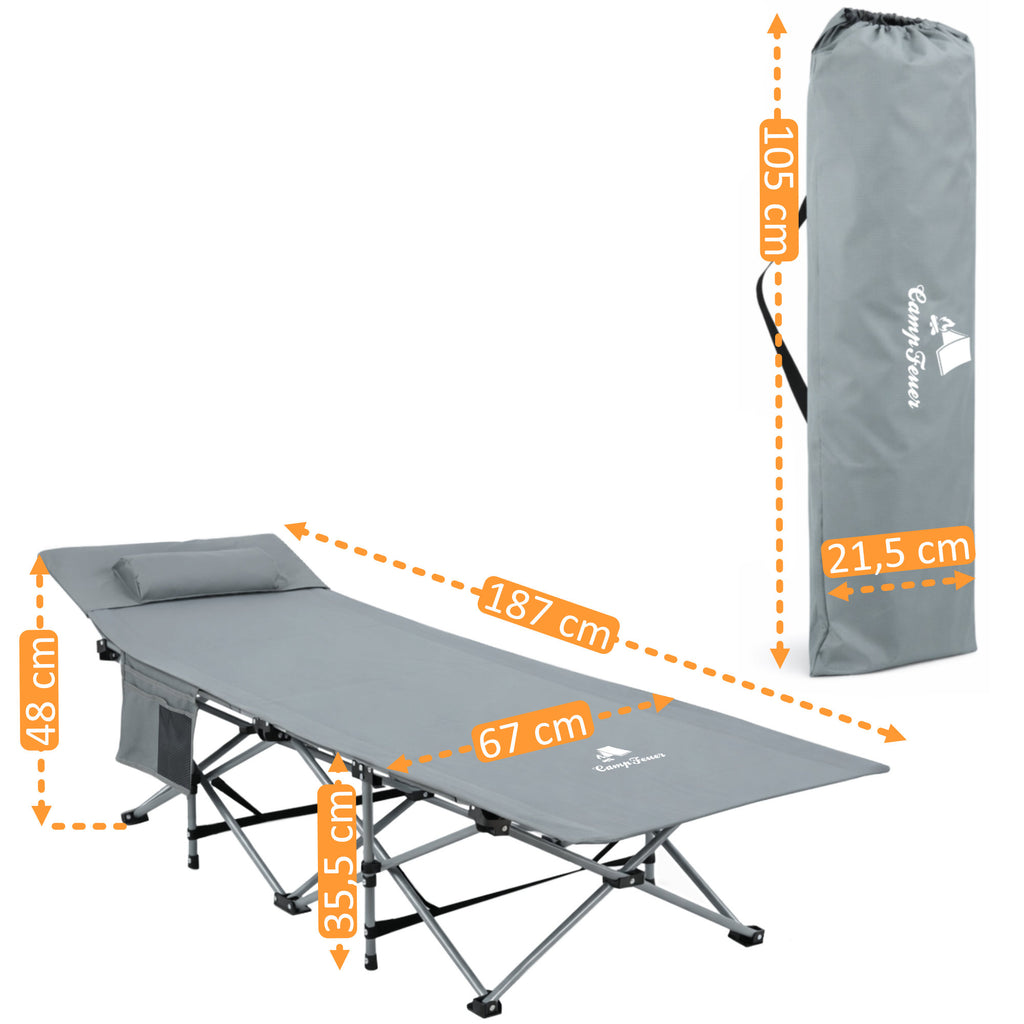 Lit de camping pliant, jusqu'à 150 kg, avec oreiller et sac de transport