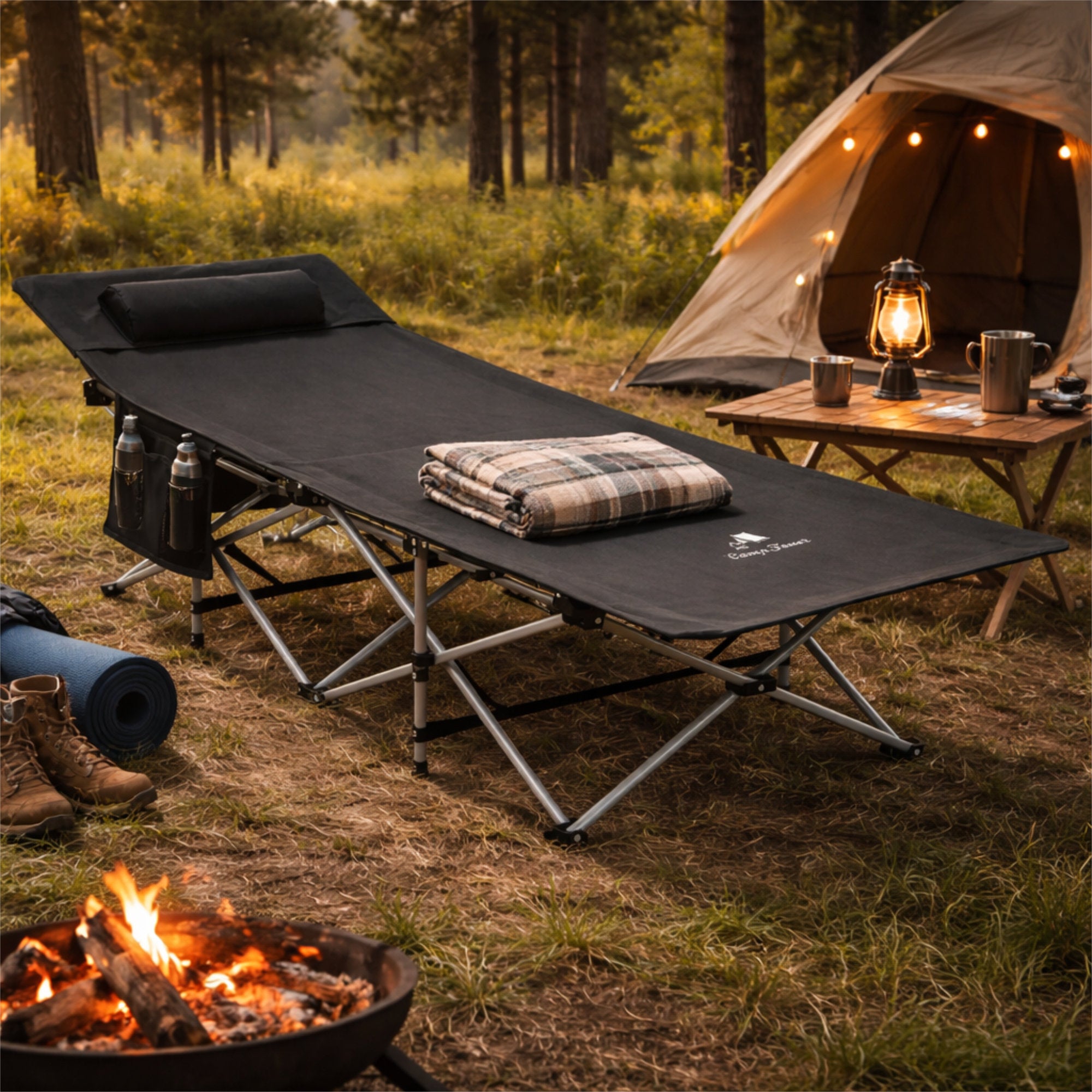 Lit de camping pliant, jusqu'à 150 kg, avec oreiller et sac de transport
