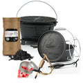 Survival set, 6-piece, including Dutch oven, cast iron grill pot, fire steel, grill lighter, charcoal