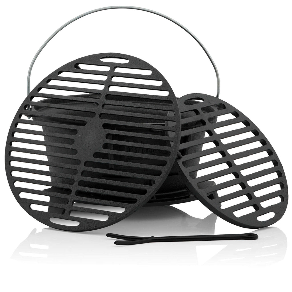 Survival set, 6-piece, including Dutch oven, cast iron grill pot, fire steel, grill lighter, charcoal