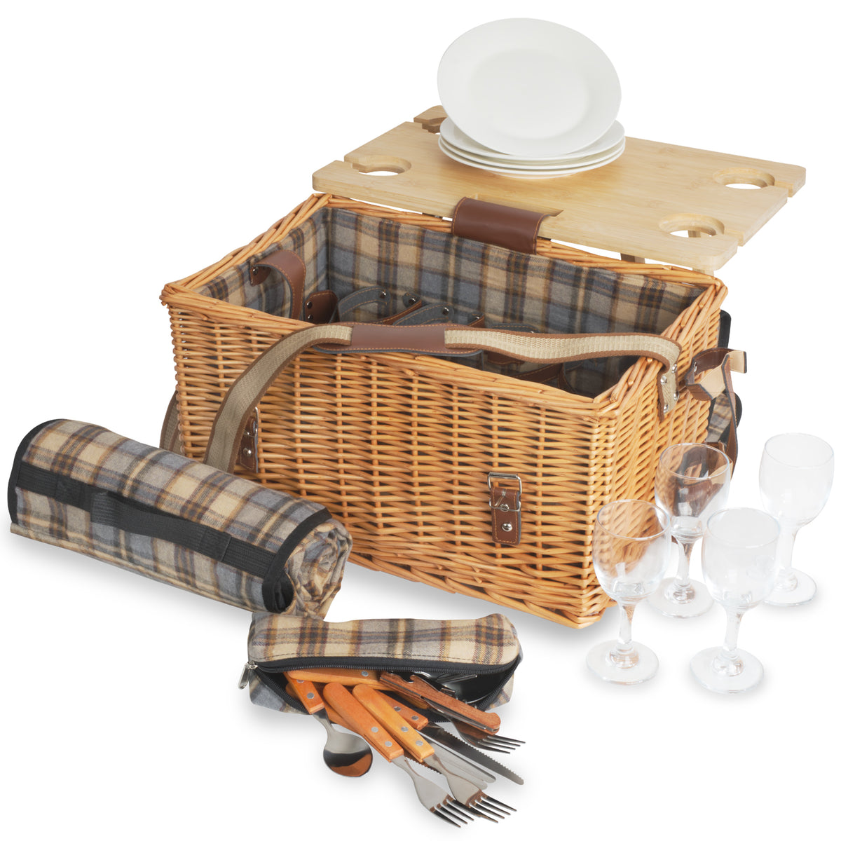 Picknickkorb, inkl. Serviertisch und Geschirr-Set, 25-teilig, 4 Person – CampFeuer