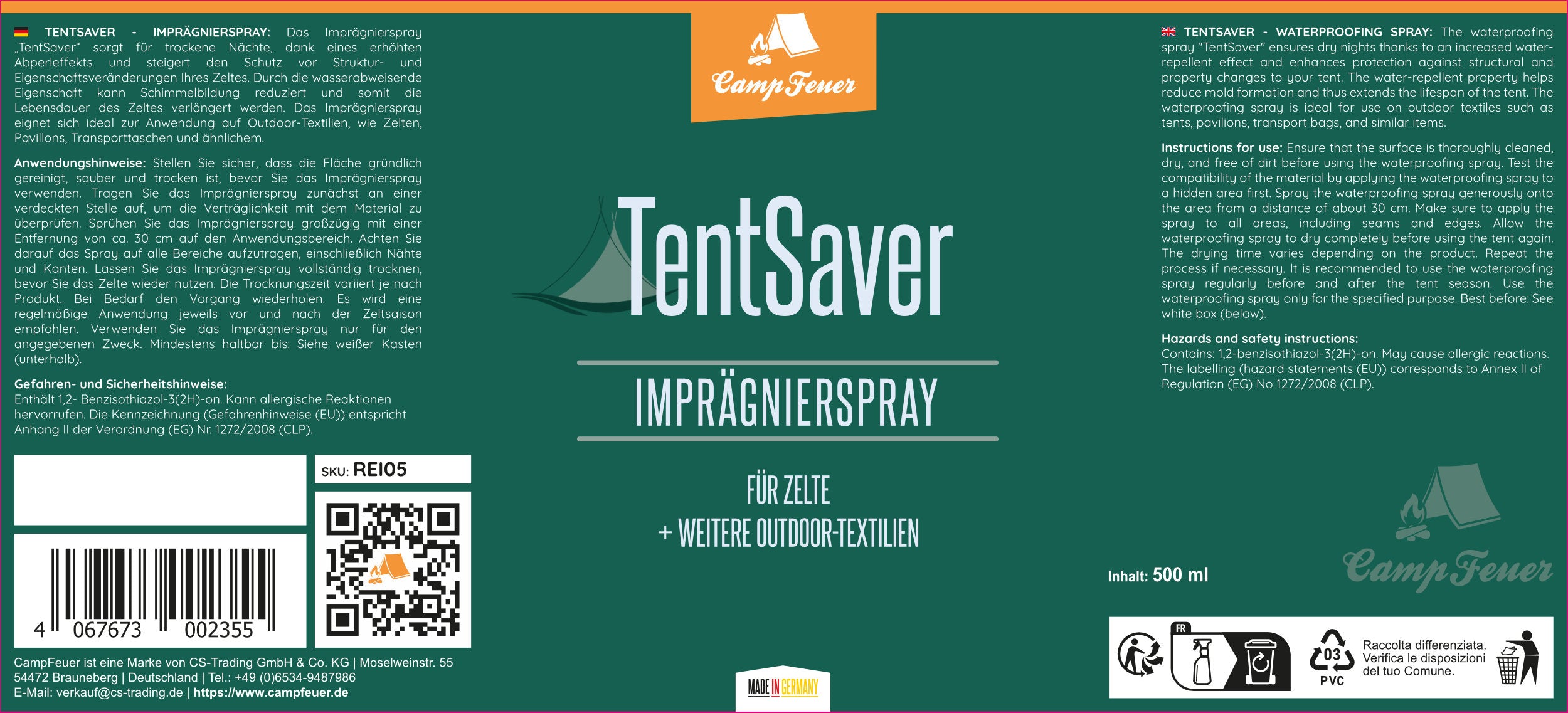 Imprägnierspray "TentSaver", 500 ml, für Zelte und Textilien