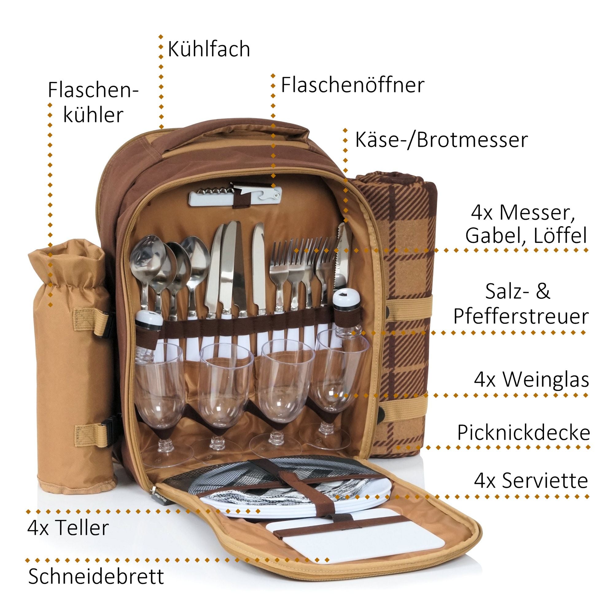 CampFeuer Picknickkorb 4 Personen mit Geschirr-Set und Kühlfach | 29-teilig | Picknickkoffer mit gestreiftem Innenmuster | Weidenkorb mit Kunstlederriemen | Picknicktasche, Picknick Set CampFeuer Picknickkorb 4 Personen mit Geschirr-Set und Kühlfach | 29-teilig | Picknickkoffer mit gestreiftem Innenmuster | Weidenkorb mit Kunstlederriemen | Picknicktasche, Picknick Set