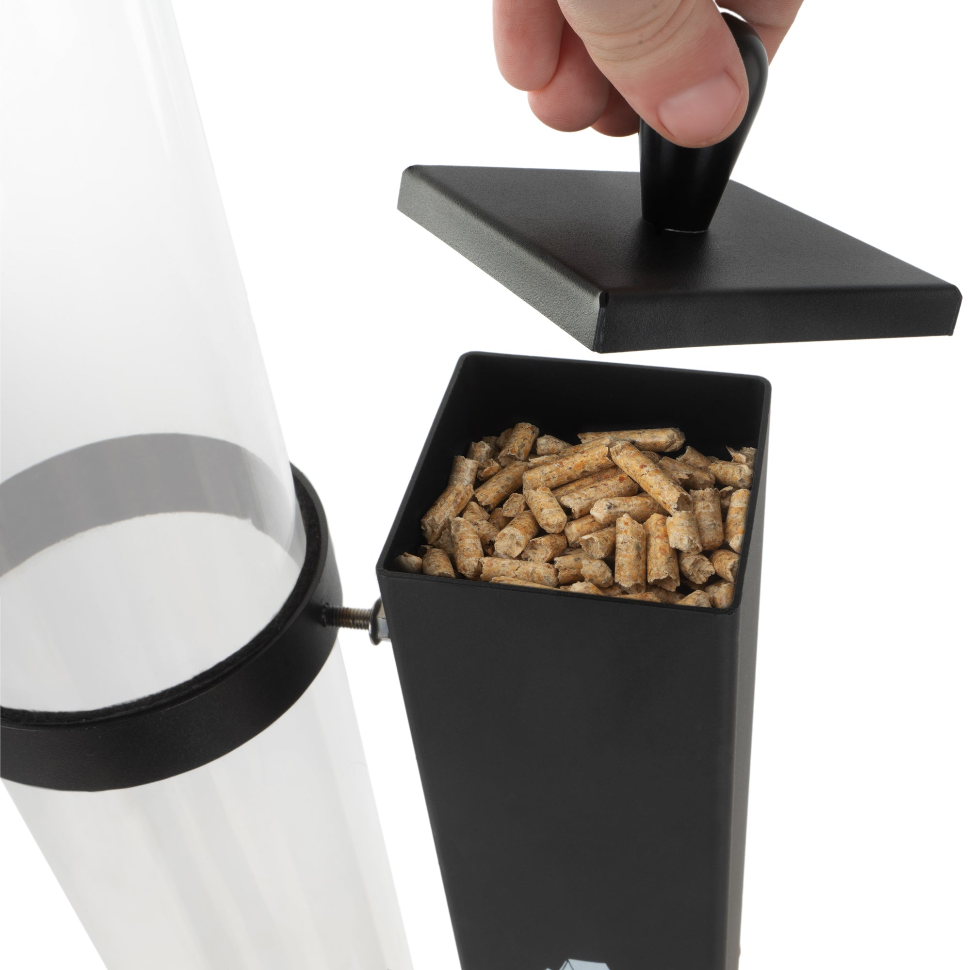 Torche à granulés, acier, 38 x 37 x 148 cm, tube en verre inclus