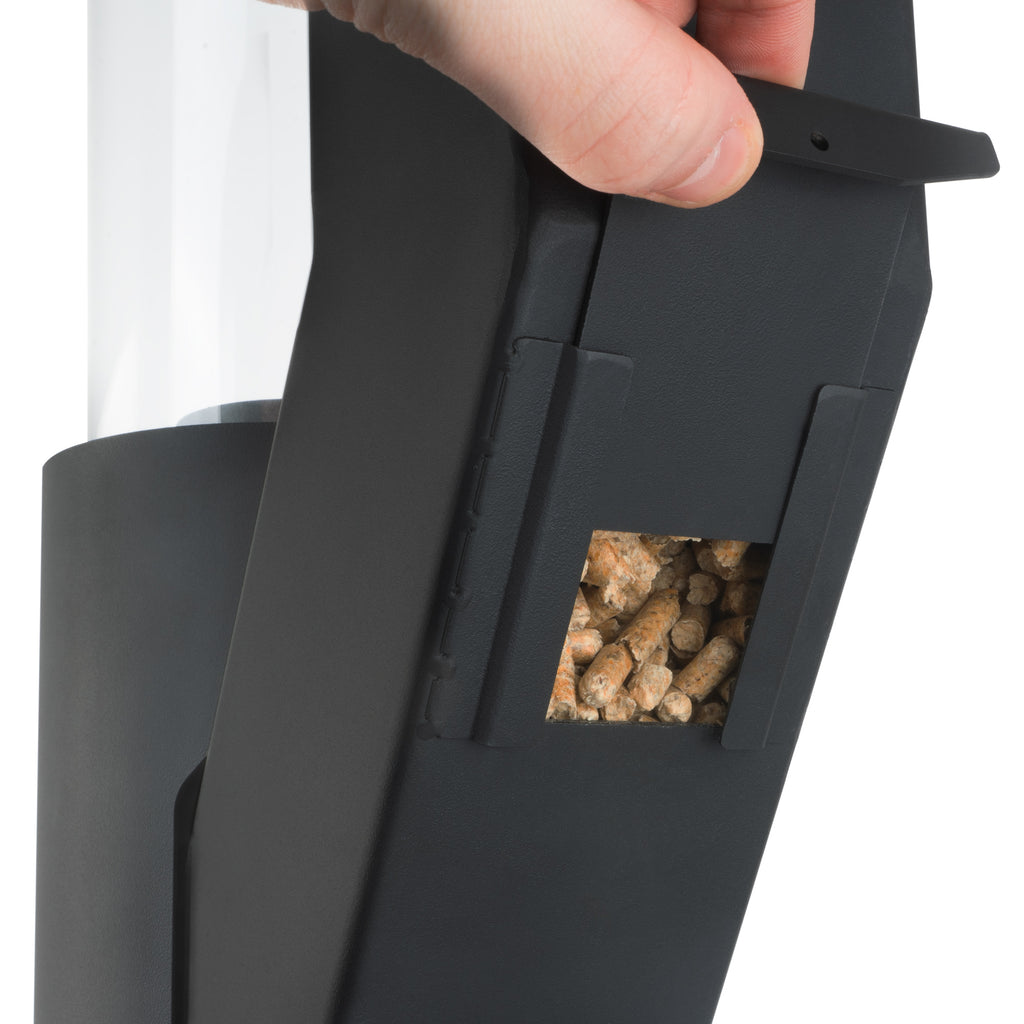 Torche à granulés, acier, 38 x 37 x 148 cm, tube en verre inclus