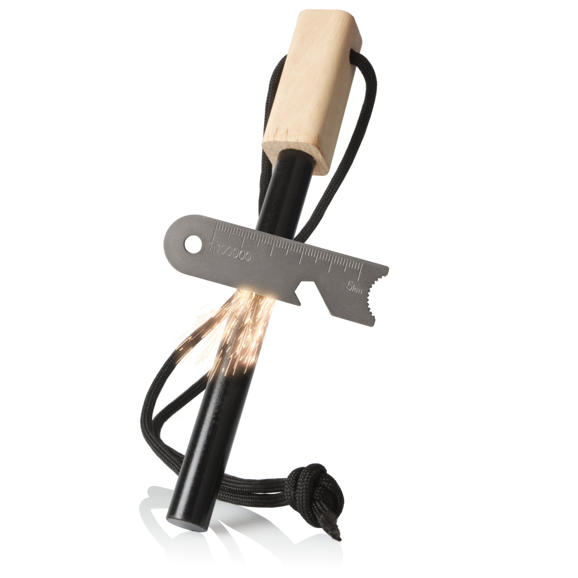 Allume-feu, kit de survie comprenant un outil multifonction, une allumette et une tige d'allumage.