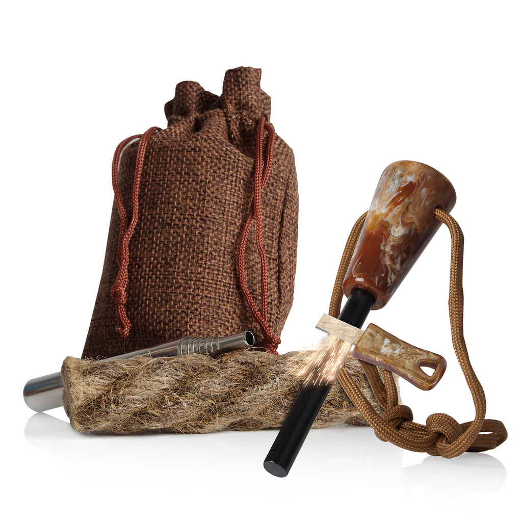 Feuerstahl, Survival Set, inkl. Feuerstahl, Paracord-Seil, Blasrohr, Zunder