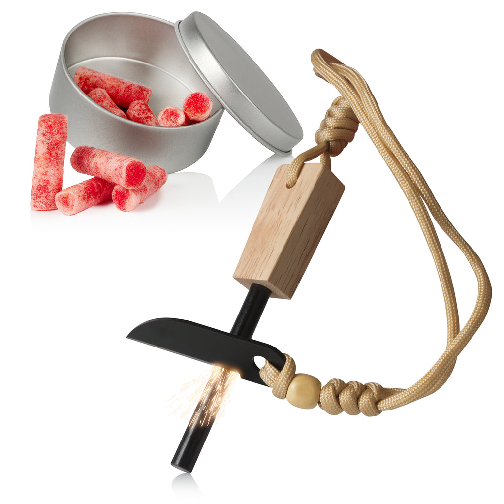 Feuerstahl Set, inkl. Feuerstahl, Schaber in Klingenform und Grillanzünder in Edelstahldose