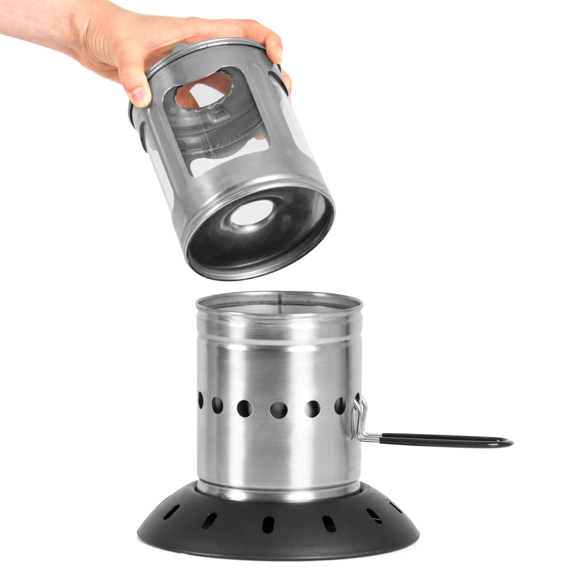 Camping stove "Flammen Zwerg" (Flame Dwarf), stainless steel, for pellets, including bag.