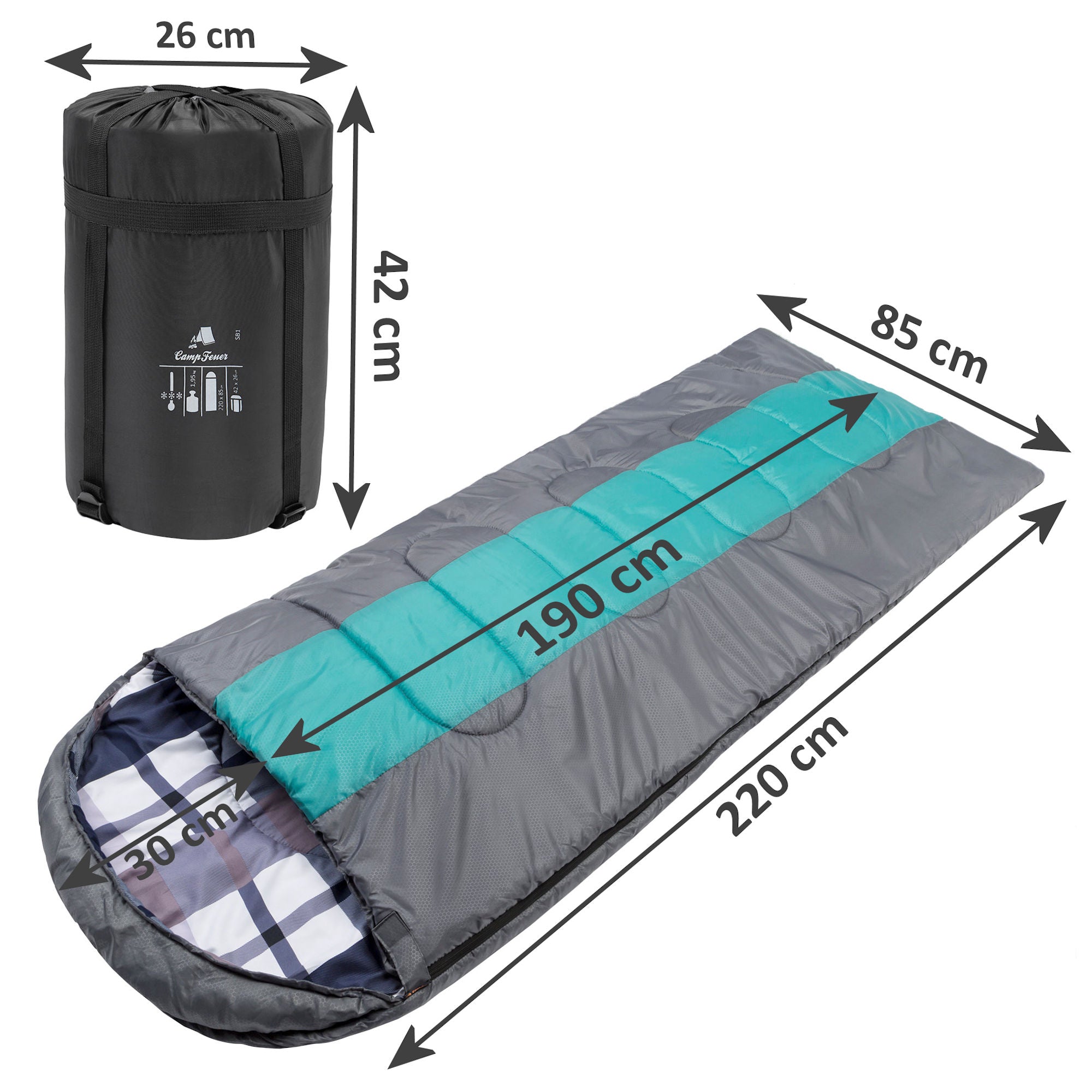 Deckenschlafsack, 220 x 85 cm, Grau/Petrol – CampFeuer