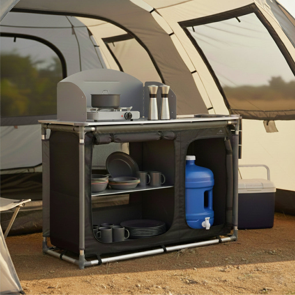 Armoire de camping pliable, 117 cm x 50 cm x 111 cm, avec pare-éclaboussures et évier.