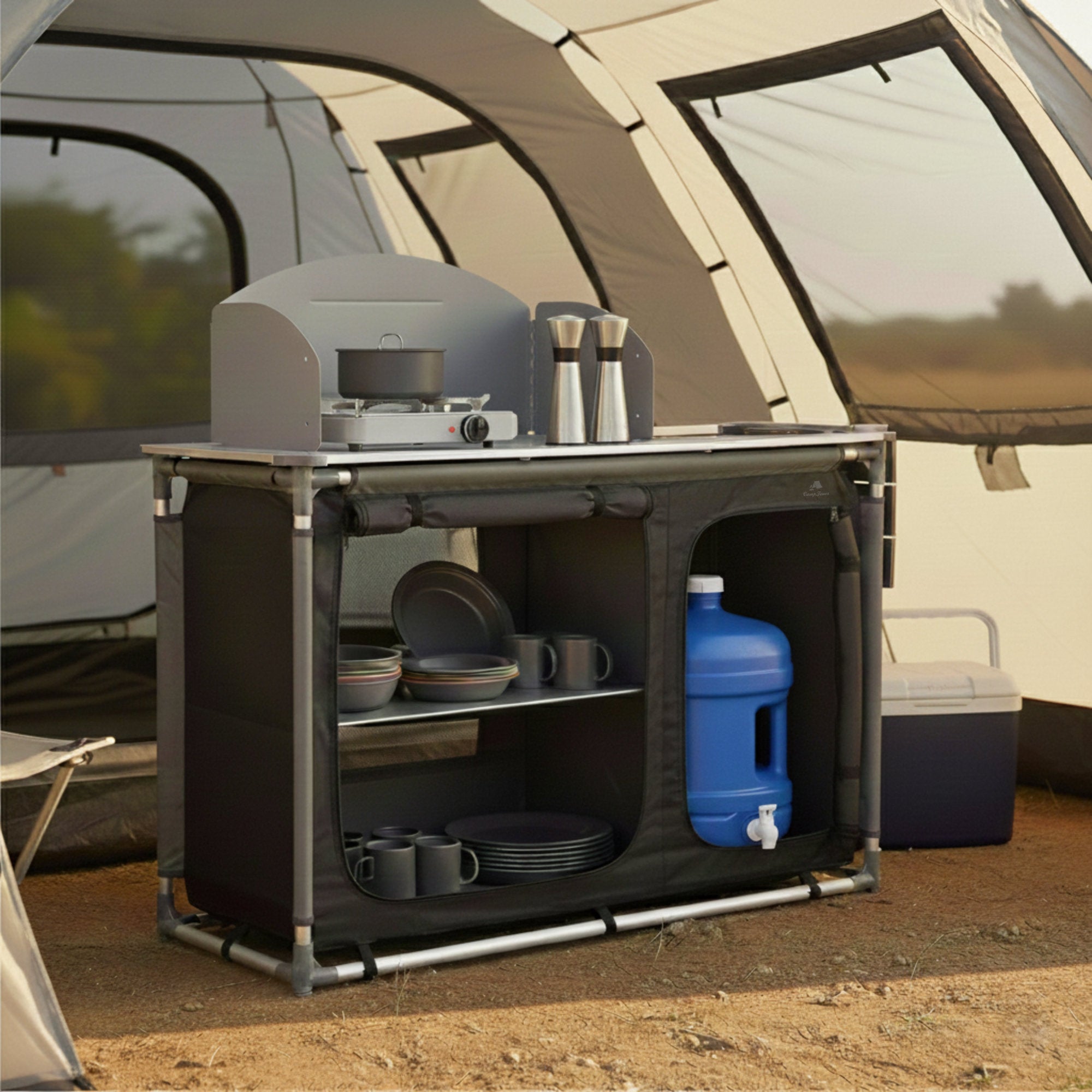 Armoire de camping pliable, 117 cm x 50 cm x 111 cm, avec pare-éclaboussures et évier.
