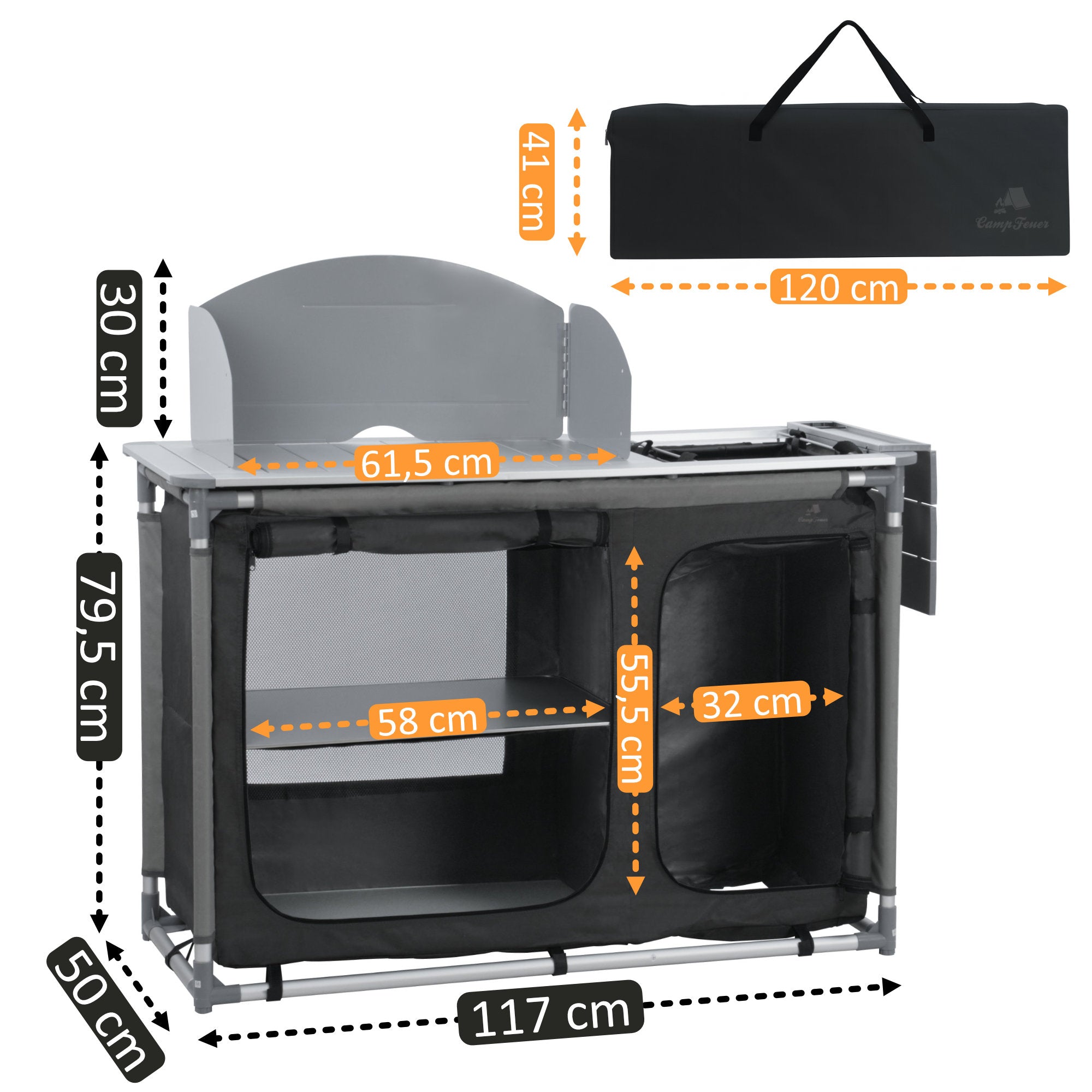 Campingschrank, 117 cm x 50 cm x 111 cm, faltbar, inkl. Spritzschutz u – CampFeuer