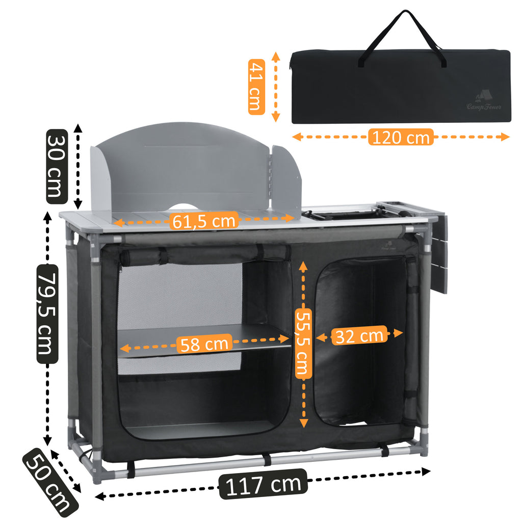 Armoire de camping pliable, 117 cm x 50 cm x 111 cm, avec pare-éclaboussures et évier.