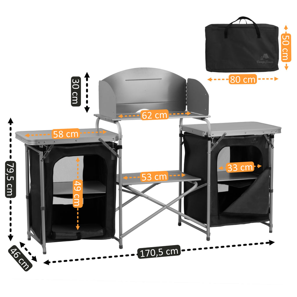 Campingschrank, 171 x 48 x 111 cm, faltbar, inkl. Spritzschutz, Ablagen und Staufächer